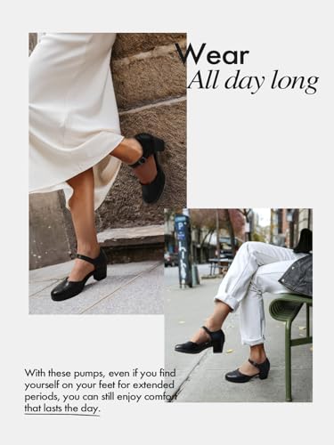 Women's Dress Shoes Mary Janes Comfortable Low Block Heels Pumps Round Closed Toe Chunky Ankle Strap Shoes for Work Flight