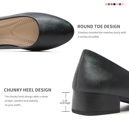 Low Chunky Pumps Women's Round Toe Heels PU Leather Chunky Pump Shoes Classic Closed Toe Pumps Low Heel Dress Shoes for Women