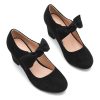 Women's Bow Mary Jane Low Block Chunky Heels Pumps Round Toe Low Heels Ankle Strap Wedding Dress Evening Party Shoes