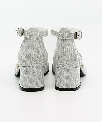 Flower Girls Communion Low Block Dress Silver Shoes Chunky Heels Closed Round Toe Ankle Strap Pump, Size US Little Kid 10