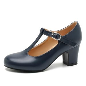 Women's T Strap Mary Jane Chunky Heel Low Block Pumps Round Toe Dress Office Work Shoes