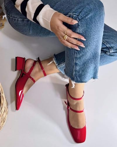 Womens Mary Jane Chunky Low Heels Closed Square Toe Ankle Strap Pumps Wedding Party Dress Shoes
