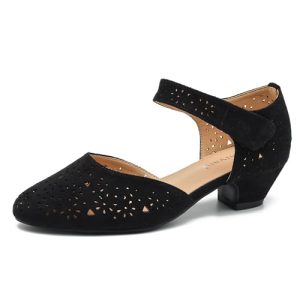 Women's Ankle Strap Cut Out Closed Toe Low Block Heels Pumps Retro Shoes Hook and Loop D'Orsay Comfortable Vintage Dressy