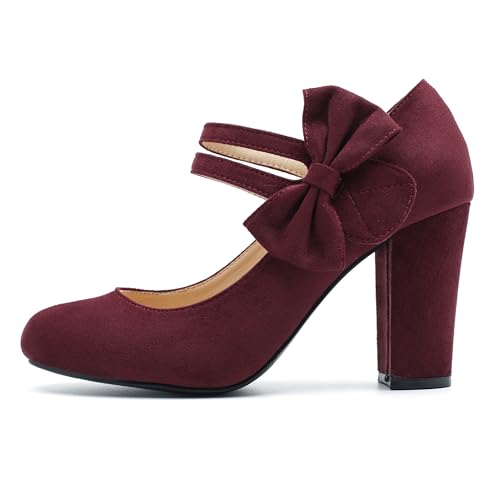 Womens Bow Heels Mary Jane Shoes Round Toe Chunky High Heel Side Bow Dress Pumps