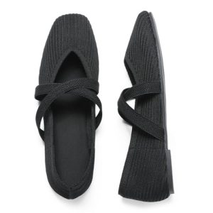 Flats for Women Square Toe Ballet Flats Cross Strap Comfortable Arch Support Dressy Knit Flats for Women Mary Jane Flats Slip On