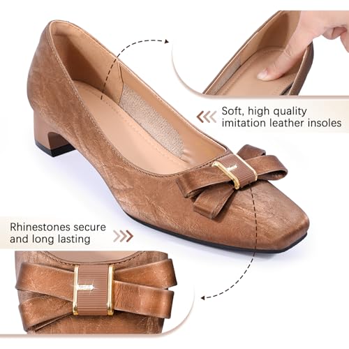 Women Chunky Heels Slip On Casual Pumps Square Toe Bow Knot Closed Toe Shoes