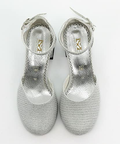 Flower Girls Communion Low Block Dress Silver Shoes Chunky Heels Closed Round Toe Ankle Strap Pump, Size US Little Kid 10