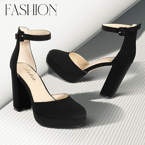 Black Platform Closed Toe Heels for Women, Womens Heels Closed Round Toe Chunky Block Pumps Shoes, 4 Inch