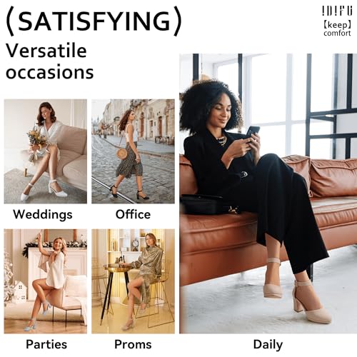 IN3 Womens Closed Toe Heels Chunky Block Platform Pumps Pointed Toe Ankle Strap Dress Shoes for Women Comfortable Wedding Short