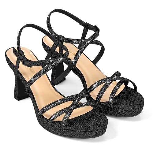 Women's Stellora Platform High Heels Block Chunky Strappy Sparkly Rhinestone Open Toe Ankle Strap Dress Pump Sandals Shoes for