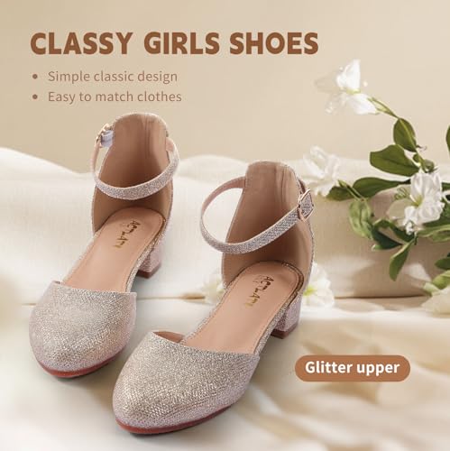 Girls Heels Closed Toe Chunky Sandals Formal Dress Shoes Flower Girl Ankle Strap Pointed Toe Heeled Little Big Kid Wedding Party